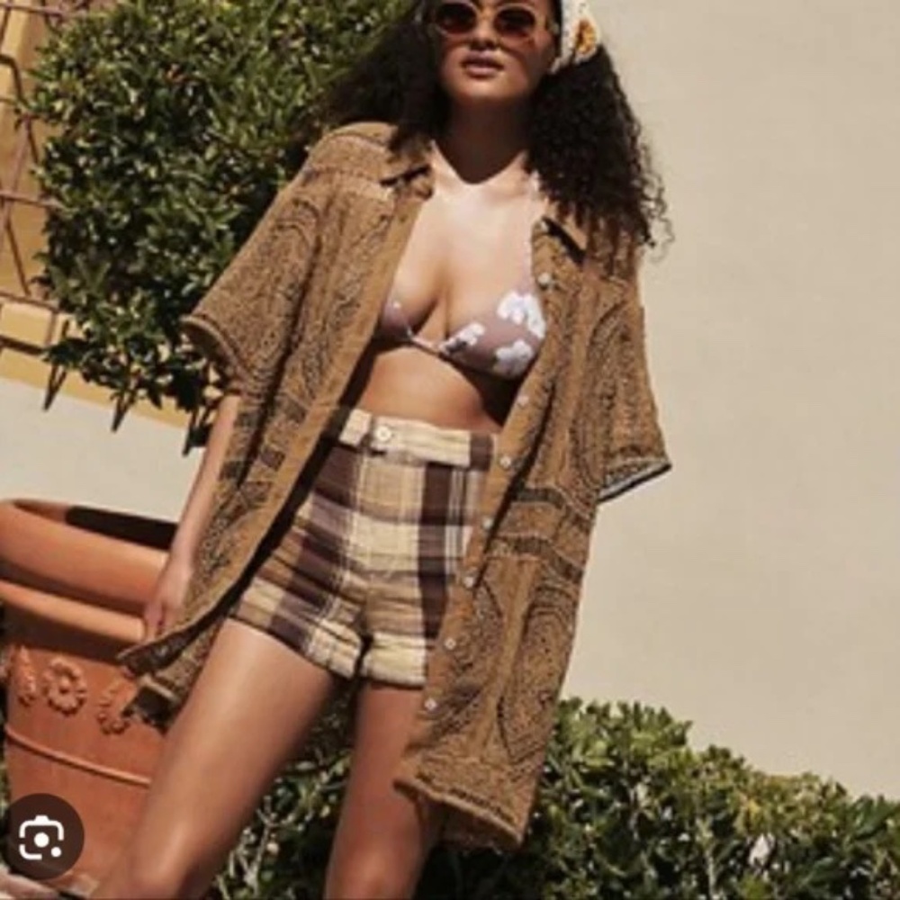 Free People Tan Paisley Short-Sleeve Button-Up
